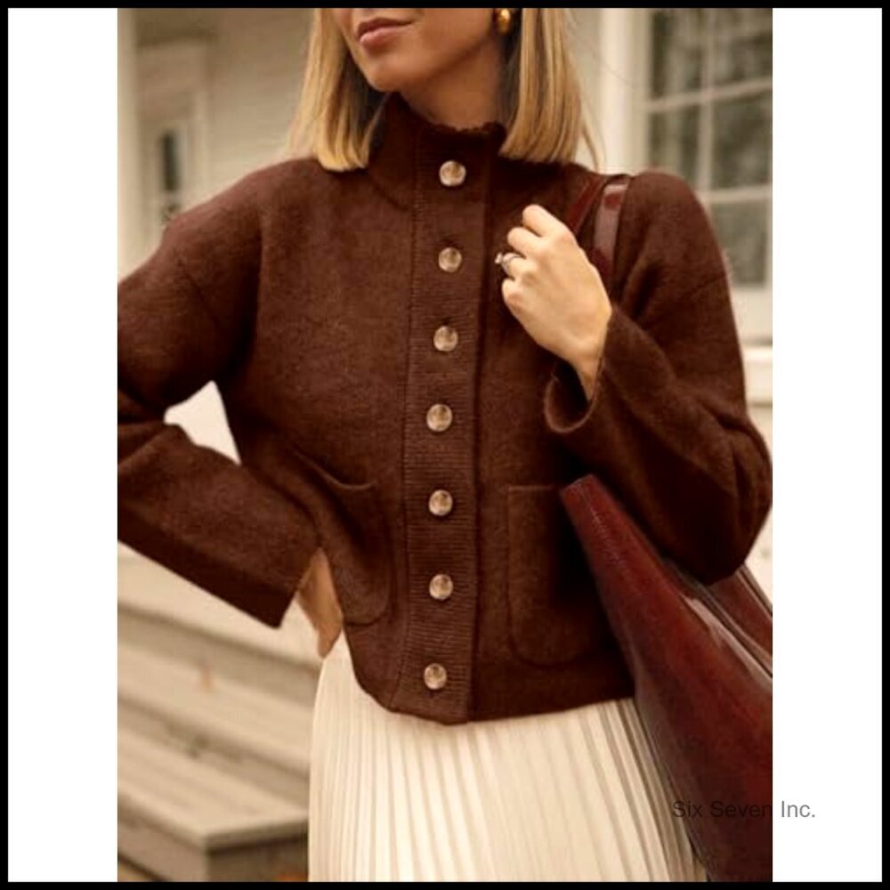 Chunky Knit Cardigan Sweater Button Down Mock Neck Open Front Winter Casual - Picture 2 of 7